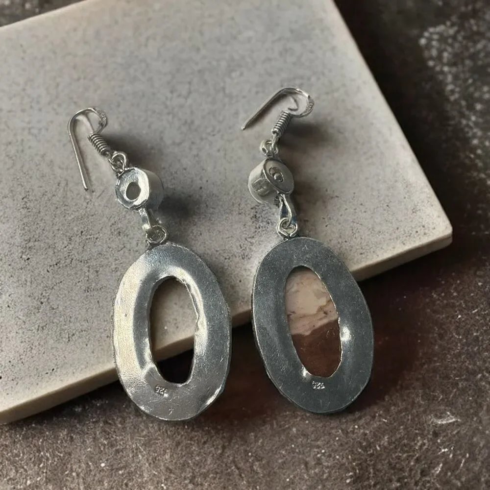 Vintage Brownie Jasper Rainbow‎ Moonstone Drop Dangle Earrings Jewelry 2.48